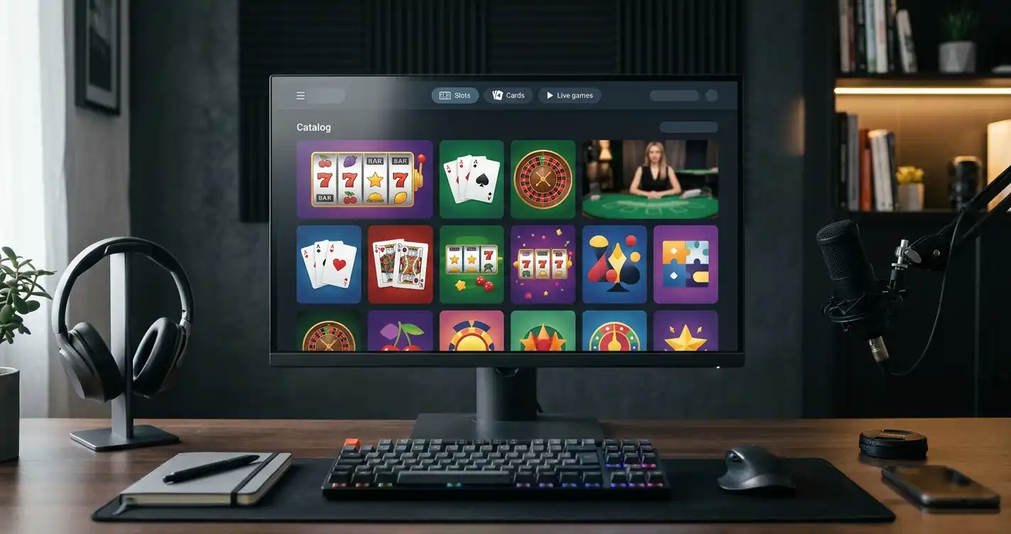 Schermo con tessere astratte di slot, carte e tavoli live accanto a una tastiera