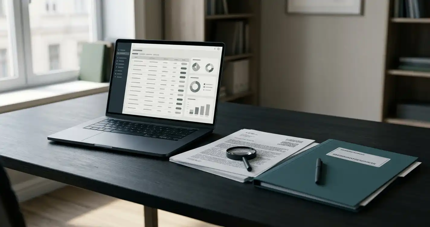 Scrivania con computer, documenti e lente di ingrandimento accanto a un registro digitale astratto