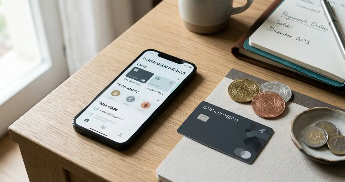 Smartphone, carta di pagamento e simboli astratti di criptovalute disposti su una scrivania