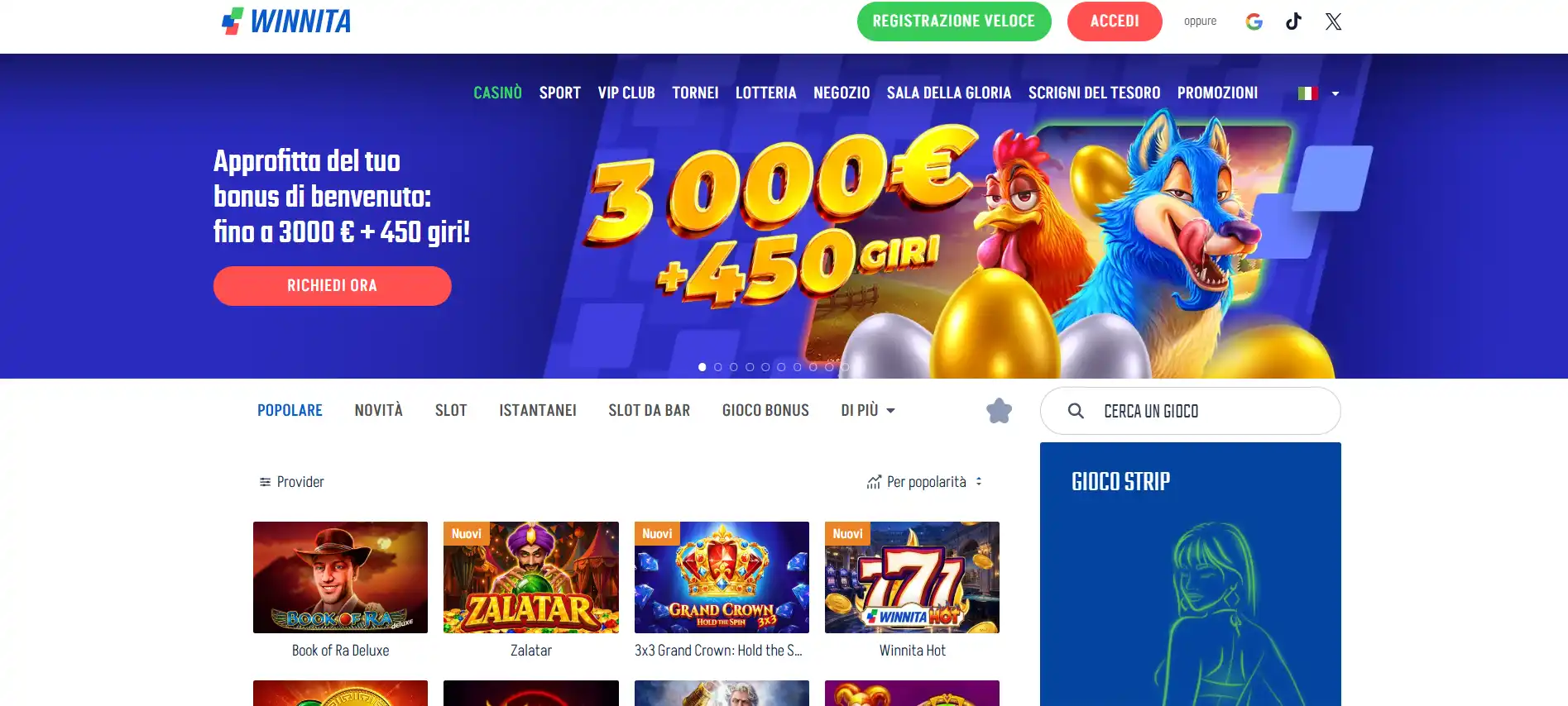 Homepage di Winnita Casino con intestazione, navigazione e contenuti del casinò visibili sul sito ufficiale